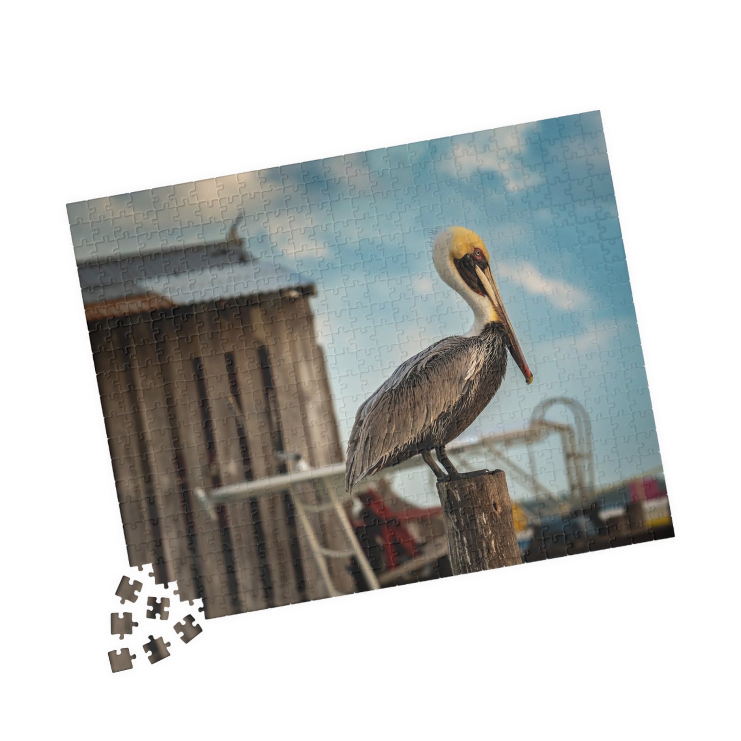 Caye Caulker Pelican Jigsaw Puzzle — Brown Pelican on Jetty Post (110–1014 pcs)
