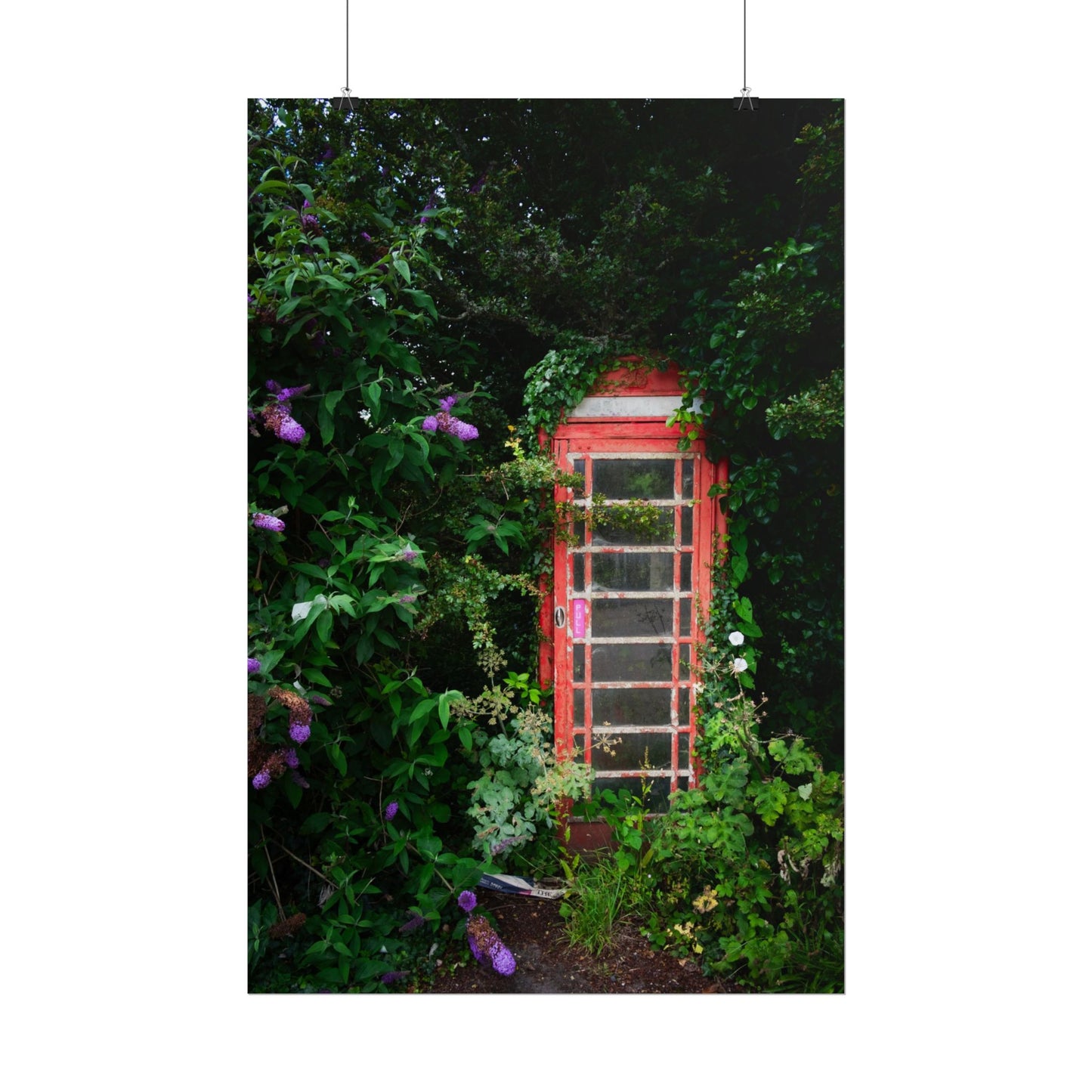Vintage Red Phone Booth Poster — Overgrown Garden Wall Art Print