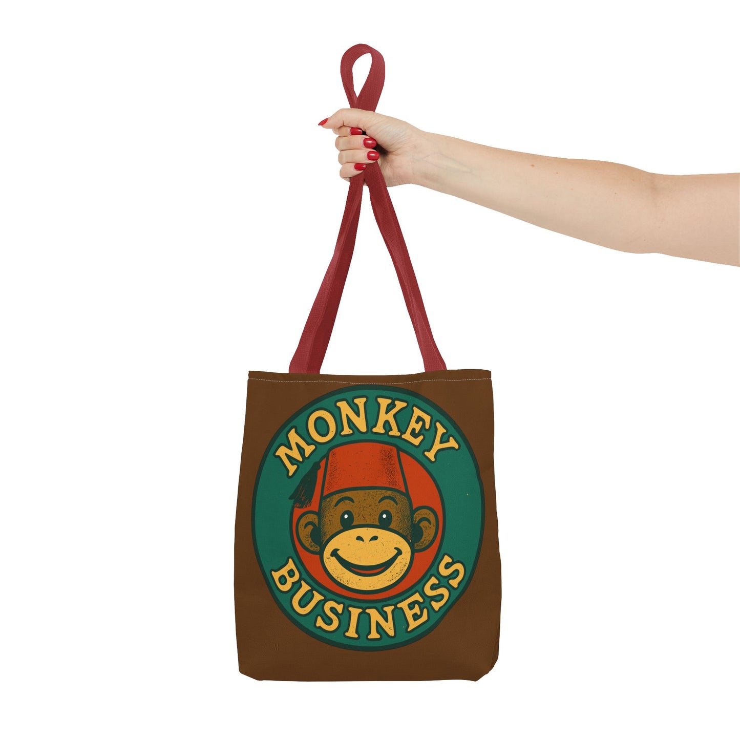 Monkey Business Tote Bag | Retro Monkey Logo, Brown All-Over Print
