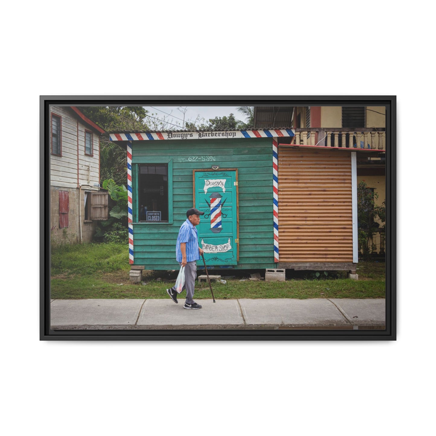 San Ignacio Street Scene Matte Canvas Print — Framed Belize Barber Shop Artwork