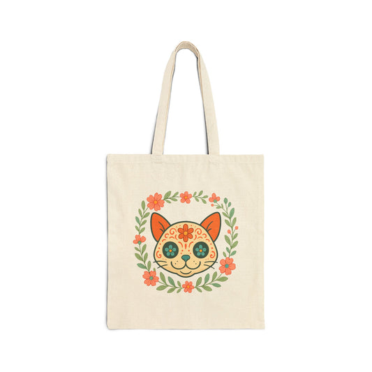 Day of the Dead Cat Canvas Tote Bag — Floral Sugar Skull Kitty Eco Shopper