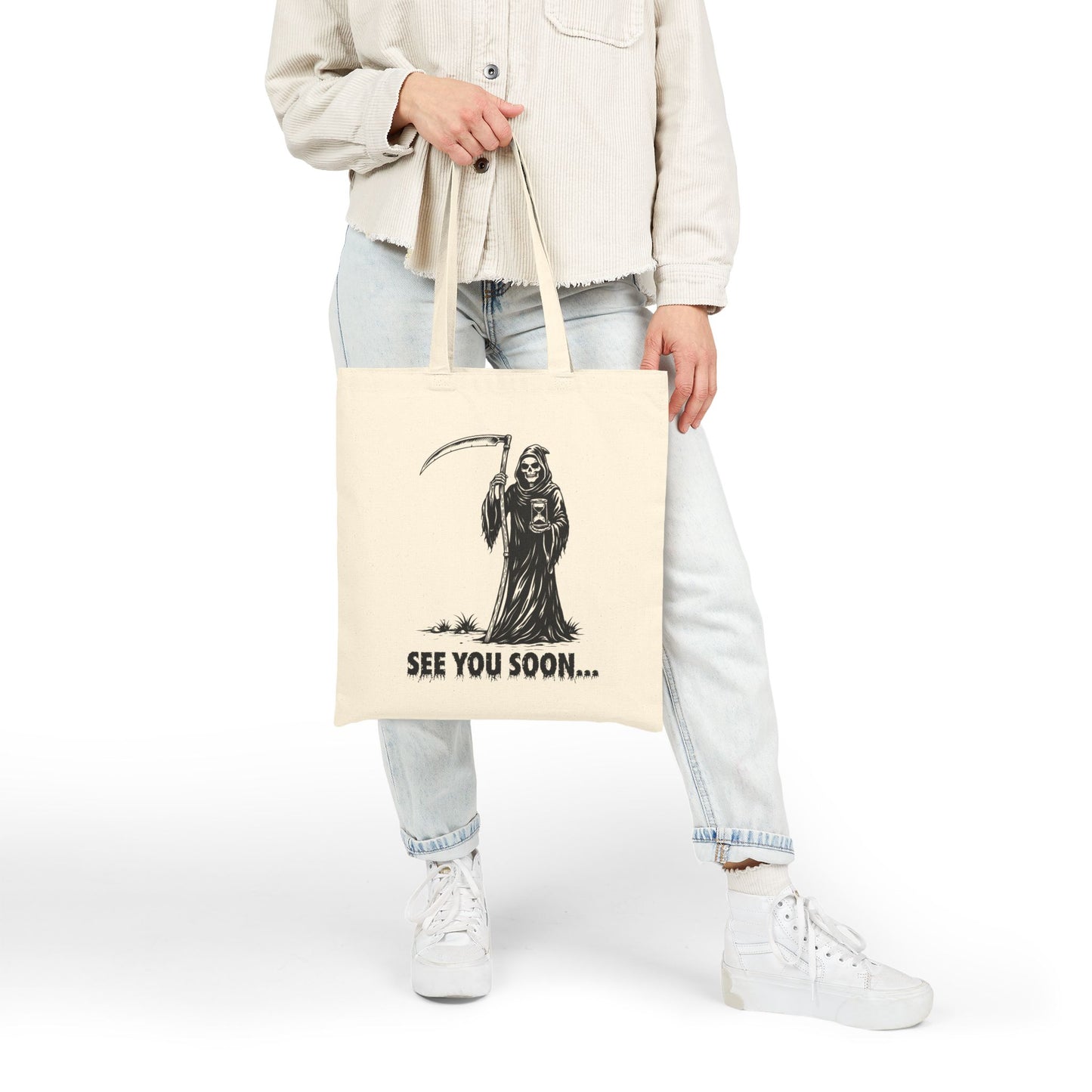 Grim Reaper 'See You Soon' Canvas Tote - Skeleton Cotton Tote Bag