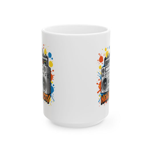 Retro Boombox NYC Ceramic Mug — Colorful New York City Street Art Coffee Cup (11oz/15oz)