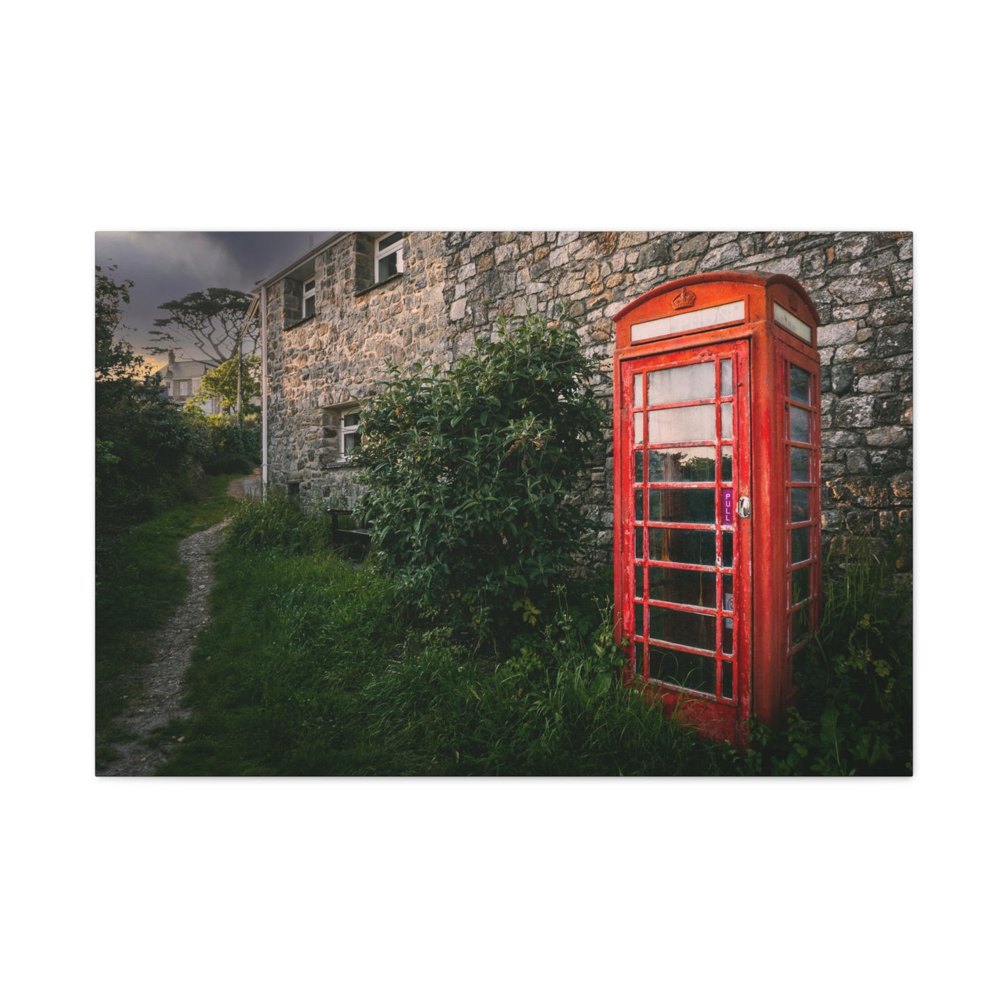 Vintage Red Phone Booth Canvas Wall Art – Rustic Countryside Photography Print