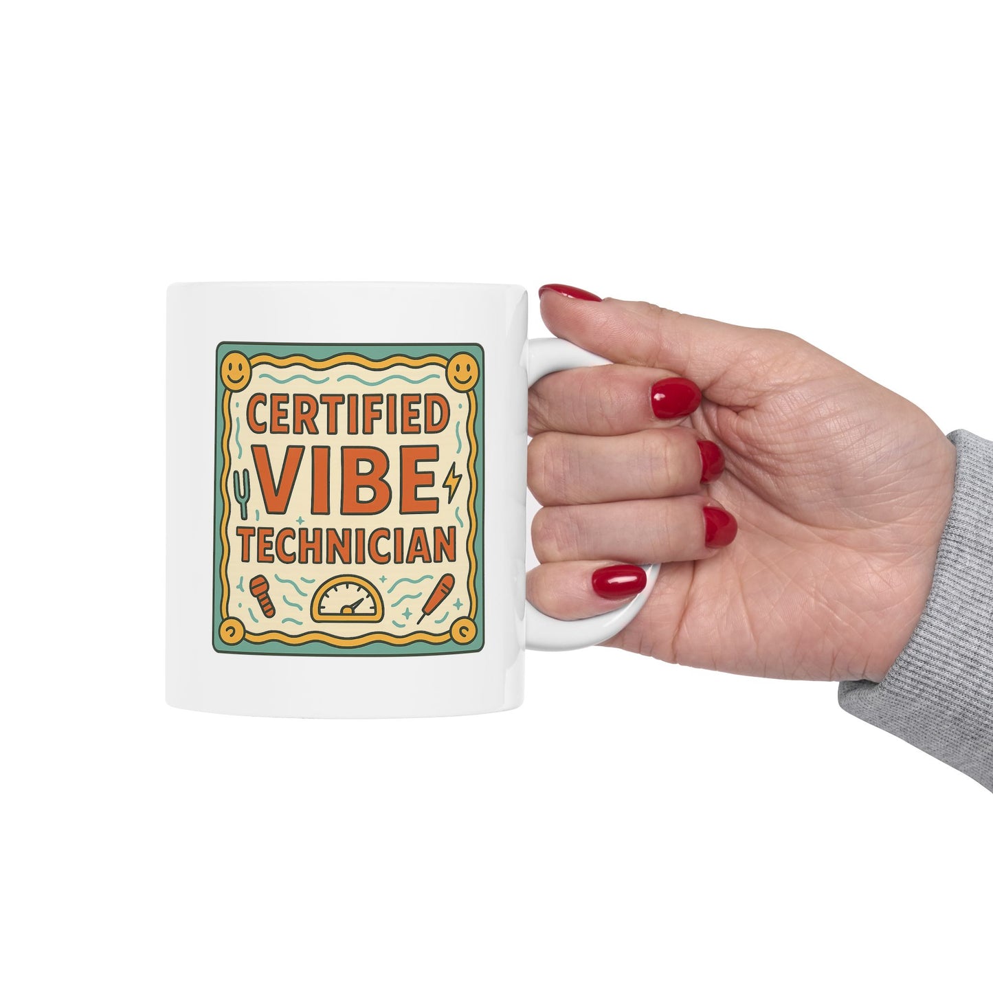Ceramic Mug — Retro Smiley 'Good Vibes' Coffee Cup (11oz/15oz)